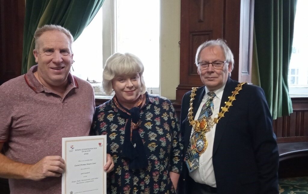 The photo shows the Mayor of Royal Leamington Spa Alan Boad stood with two of our managers Andrew & Sarah Willoughby, holding up the Gold award for the Leamington in Bloom competition. 